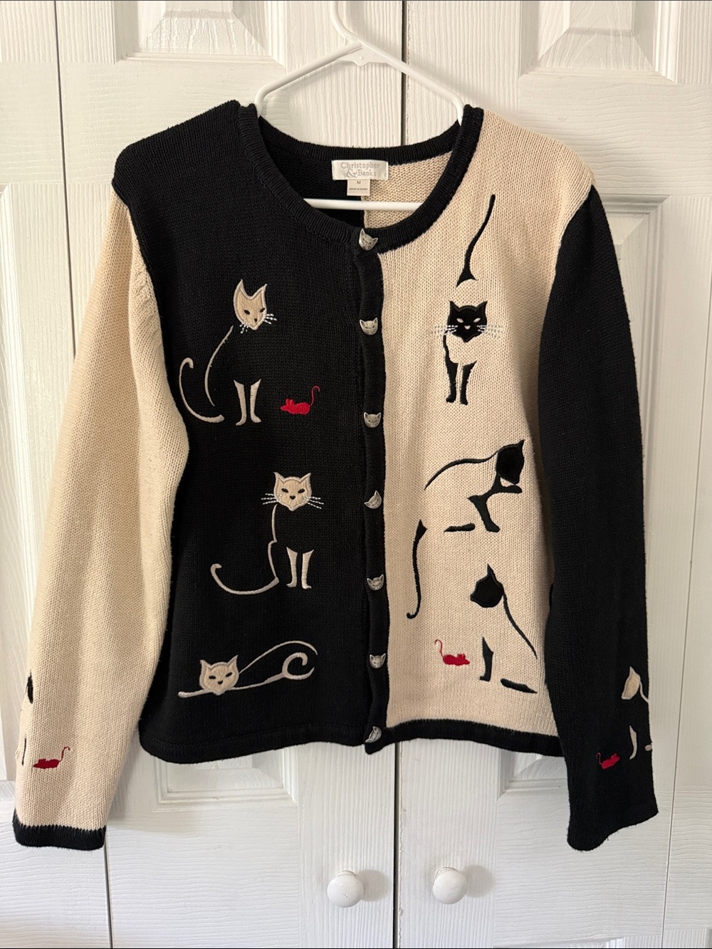 CHRISTOPHER & BANKS Women's Novelty Cat Embroidered Button Long Sleeve Sweater M